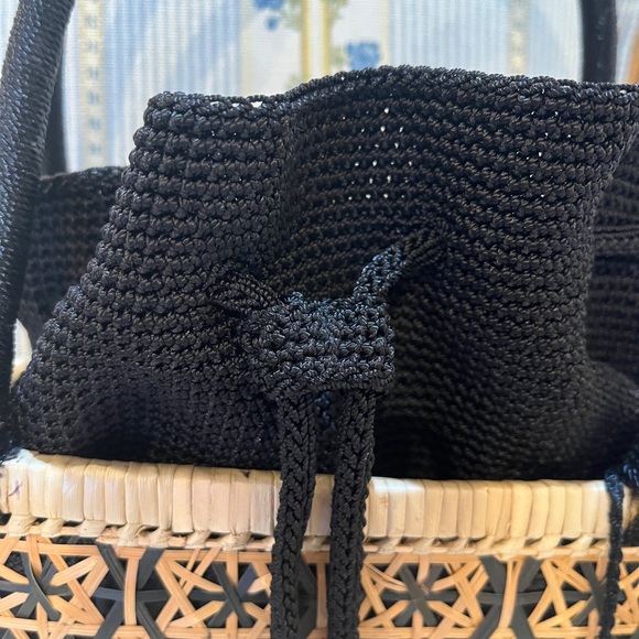 The Sak Black and Tan Straw Bag with Ornate Design Inner Drawstring Liner - Picture 3 of 8